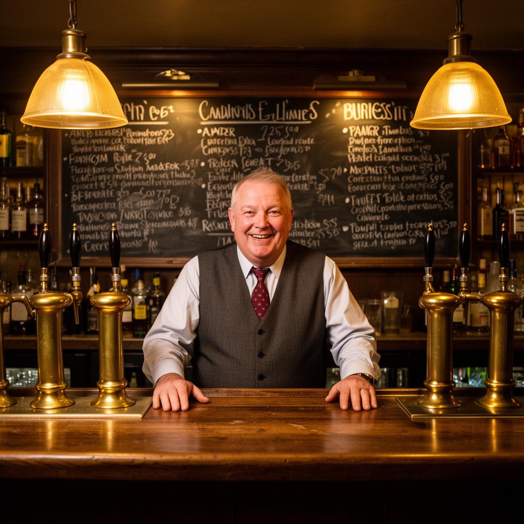 Friendly pub landlord behind a warm bar
