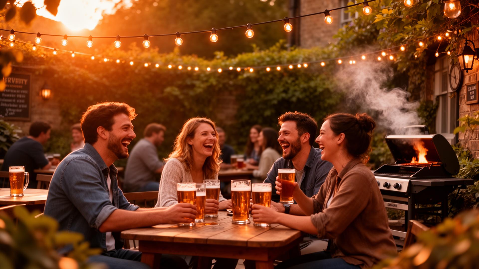 Pub beer garden BBQ at golden hour